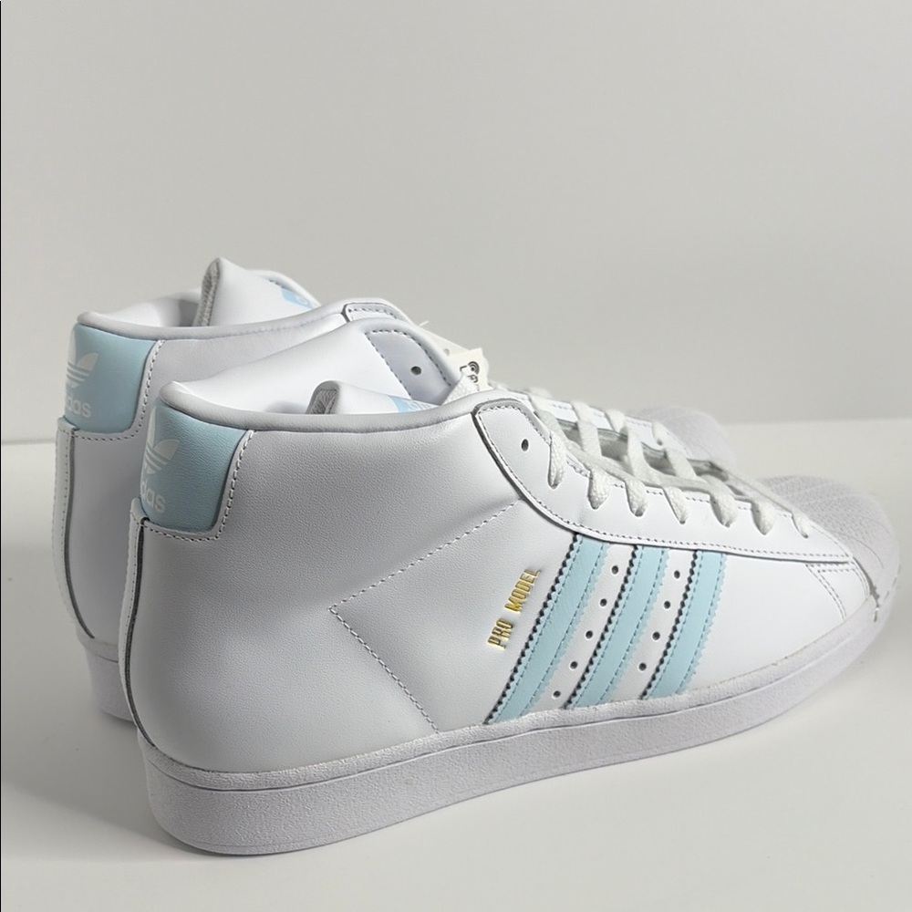 adidas NEW White High-Top Pro Model Sneakers with Pale Blue Stripes FV4492 - Picture 3 of 7